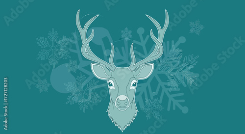 Elegant winter themed deer illustration with snowflakes on a teal background  minimal