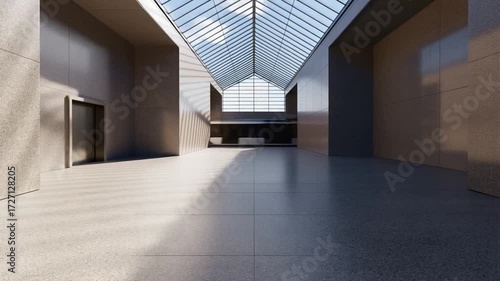 Atrium interior with skylight roof and terrazzo floor in soft daylight symmetry
