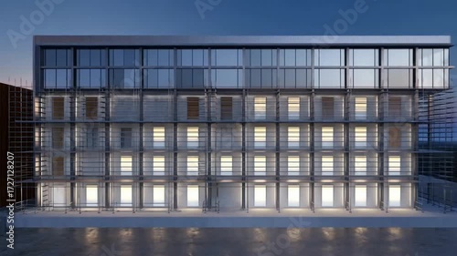 Modern glass facade building with illuminated windows at blue hour symmetry
