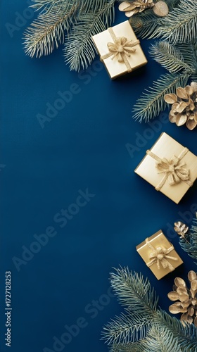 Festive Gold Wrapped Gifts and Pine Branches Arranged on a Blue Background fo...