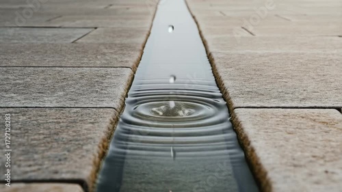 Water droplet creating ripples in narrow stone pavement drain detail
