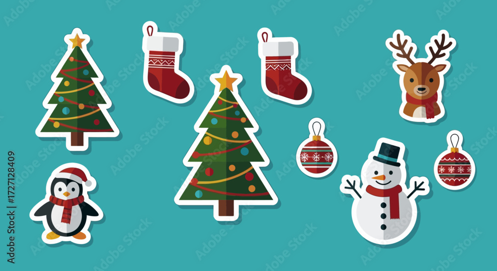 Fototapeta premium Festive Christmas Holiday Elements: A Cheerful and Vibrant Collection of Seasonal Icons and Designs