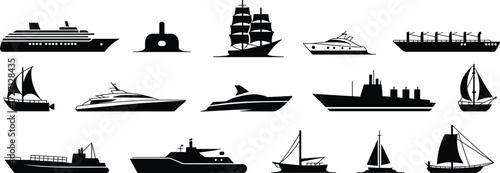 Silhouettes of Boats, Ships, Yachts, Submarine, Sailboats, Cargo Vessels, Maritime Transport, Nautical Icons, Ocean Travel, Sea Navigation, Fishing Craft