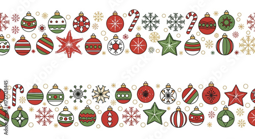 Festive christmas ornament pattern featuring baubles snowflakes and stars for holiday backgrounds