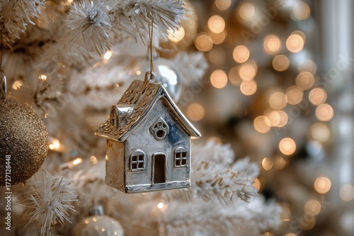 Holiday Ornament in the Shape of a House Hangs on a Snowy White Christmas Tree.
