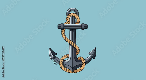 Illustration of a Gray Anchor with a Rope on a Blue Background nautical adventure