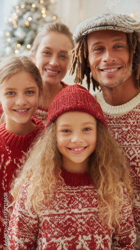 Family Celebrating the Holiday Season With Joyful Smiles in Matching Winter O...