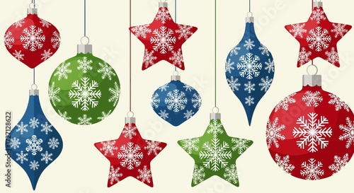 Festive hanging christmas ornaments with snowflakes in red green and blue colors design
