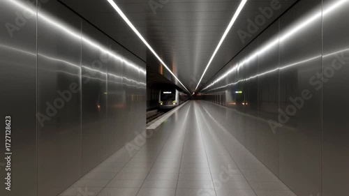 Underground station corridor with linear lights and reflective metallic walls perspective

