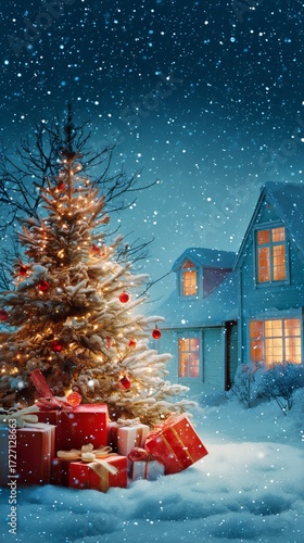 Magical Snowy Night With Lit Christmas Tree and Presents in Front of Cozy House.