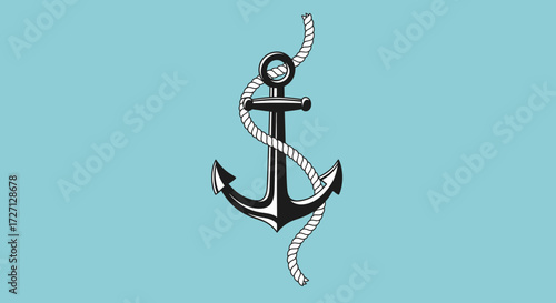 Nautical themed vector illustration featuring a classic anchor wrapped in rope on blue backdrop