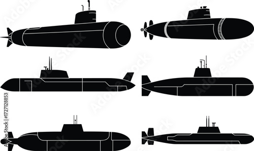 Submarine Silhouettes, Side View, Naval Vessels, Military Craft, Underwater Vehicles, Hull Designs, Conning Towers, Black Icons, Ocean Depth, Engineering