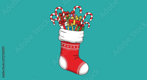 Festive Christmas stocking overflowing with gifts and candy canes on teal background holiday cheer