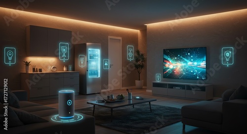 Connected Home Smart Technology Futuristic Living Room Automation