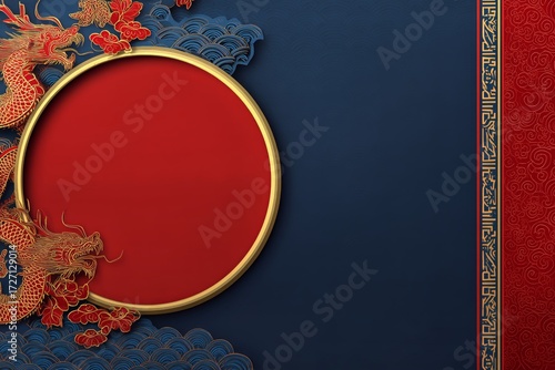 Colorful Dragon and Circular Design on a Blue and Red Background for Festive ...