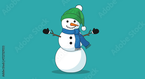 Illustration of a happy snowman wearing a green hat and scarf against a blue background