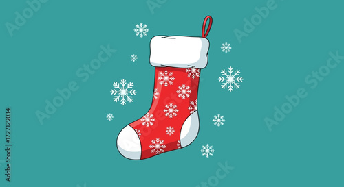 Festive Christmas Stocking with Snowflake Pattern against Teal Background Illustration