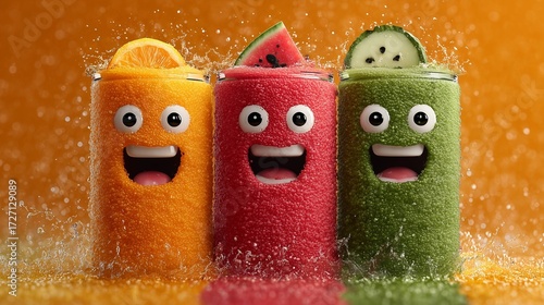 Cute cartoon style anthropomorphic fruits and juices with smiling faces on bright orange background, symbolizing fun, health, and freshness.