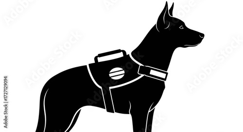 Elegant silhouette of a service dog wearing a harness against a pristine white backdrop