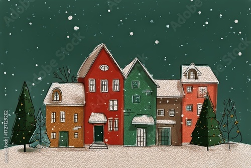Colorful Houses Dusted With Snow Under a Starry Winter Sky at Night