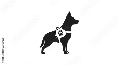 Elegant silhouette illustration of a service dog with assistance vest and paw print detail against