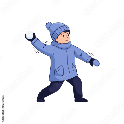 Cute cartoon boy in a blue winter coat and hat having fun playing and throwing snowballs. Vector character design