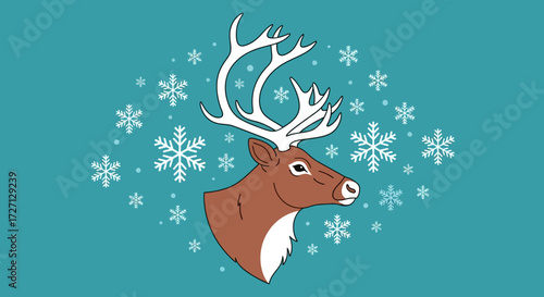 Festive winter illustration of reindeer with white snowflakes on a blue background