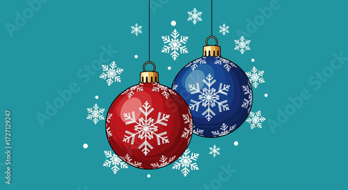 Festive Christmas ornaments with snowflake design against a cool blue background scene