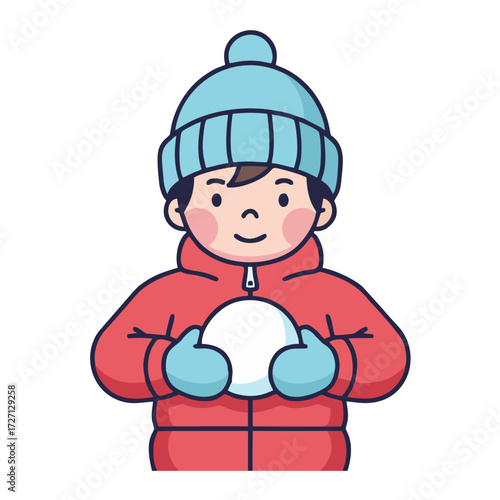 A cute cartoon illustration of a happy boy in a red winter coat and blue beanie holding a snowball