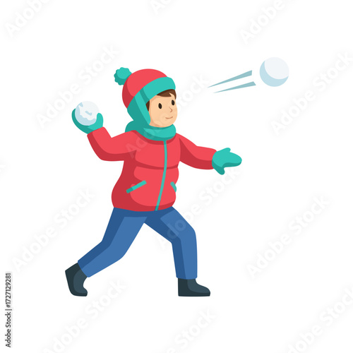 Cute boy in a red winter jacket having a snowball fight. Cheerful kid engaging in outdoor recreation, flat vector illustration