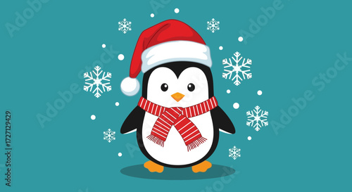 Cute cartoon penguin wearing a santa hat and scarf surrounded by snowflakes design