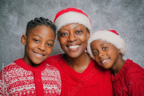 Family Enjoying a Joyful Holiday Moment in Cozy Winter Outfits With Red and W...