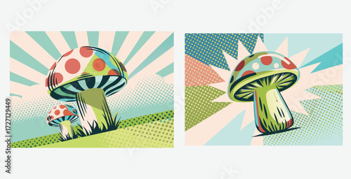 Colorful mushroom rendered in vibrant pop art style with striking contrasts and playful details vector art design