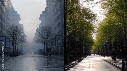 City street transformation before and after with misty atmosphere versus sunlit trees
