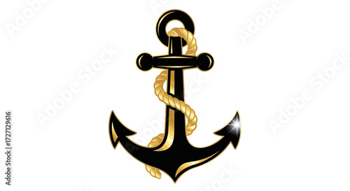 Elegant golden nautical anchor with rope, isolated on white background illustration