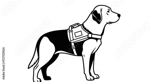 Black and white line art illustration of a service dog with a harness standing alert and focused