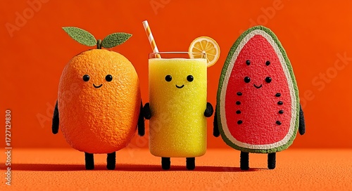 Cute cartoon style anthropomorphic fruits and juices with smiling faces on bright orange background, symbolizing fun, health, and freshness.