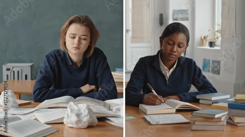 Students studying contrast with frustration at cluttered desk versus focused learning in bright classroom

