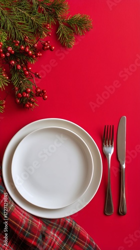 Elegant Dinner Setting With Red Tablecloth and Holiday Decorations for Festiv...