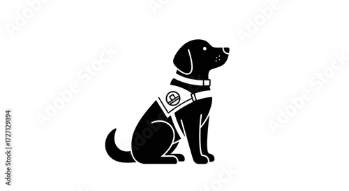 Elegant illustration of a sleek black service dog sitting patiently with a vest emblem