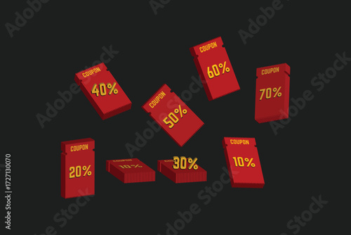 3d coupon with coupon code, percent price offer isolated on black background.
3d flying coupons, Gift voucher mockup icon template. Special premium price, offer, Super,