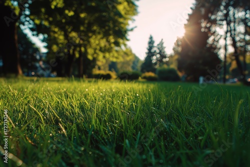 Green Grass Under Bright Sun in City Park on Clear Day With Trees in Background.