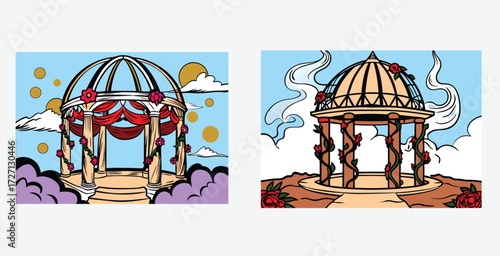 Magical gazebo set in an enchanting garden featuring intricate design blooming flowers vector art design