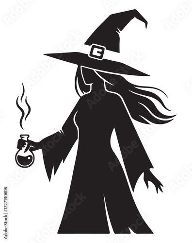 Black silhouette of a witch wearing a pointed hat, holding a smoking potion bottle, on a white background.