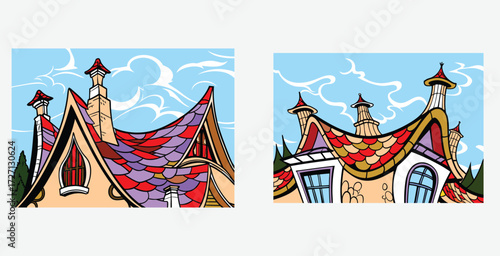 Playful and imaginative building with an unusual shape and whimsical architectural details vector art design
