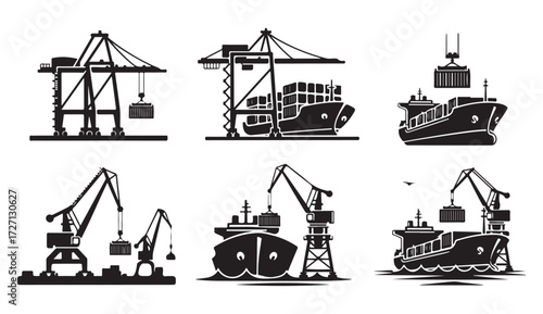 Silhouette illustrations of various cargo ships, cranes, and container handling operations at a port.