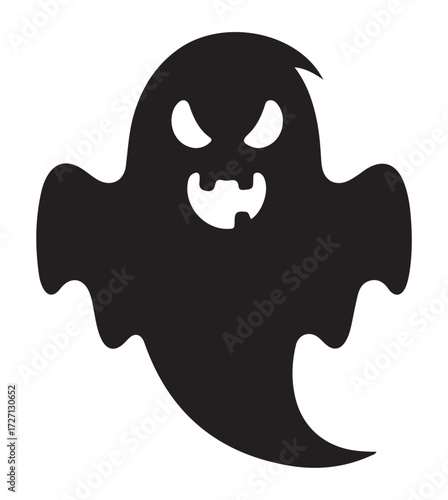 A black silhouette of a scary cartoon ghost with an evil, menacing expression isolated on a white background.