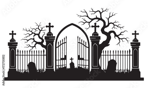 Silhouette of a cemetery gate with tombstones, trees, and a cross, creating a spooky scene.