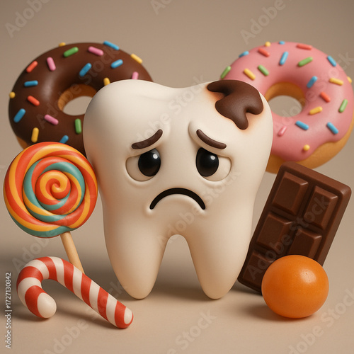 3D Vector Illustration of Sad Tooth Exposed to Sweets and Dental Health Risks
