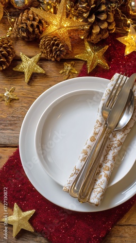 Festive Dinner Table Setting With Plates, Cutlery, and Holiday Decorations